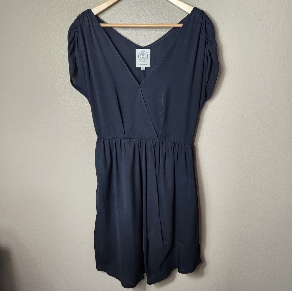 ANAGRAM Womens |8| Black 100% Silk Ruched Cap Sleeve Surplice Double-V Dress